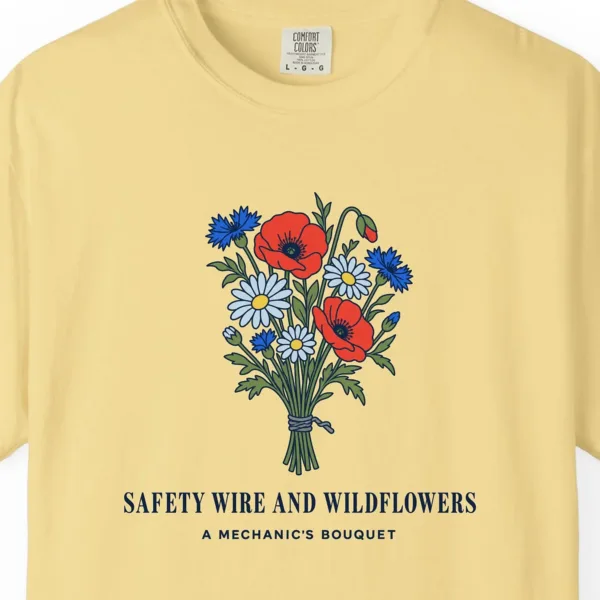 safety-wire-and-wildflowers-tee-butter-chest Safety Wire and Wildflowers Tee in Butter, close-up