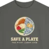 save-a-plate-sweatshirt-pepper-chest Close-up of the Save a Plate design printed on a Pepper Comfort Colors 1566 sweatshirt, with the ribbed collar