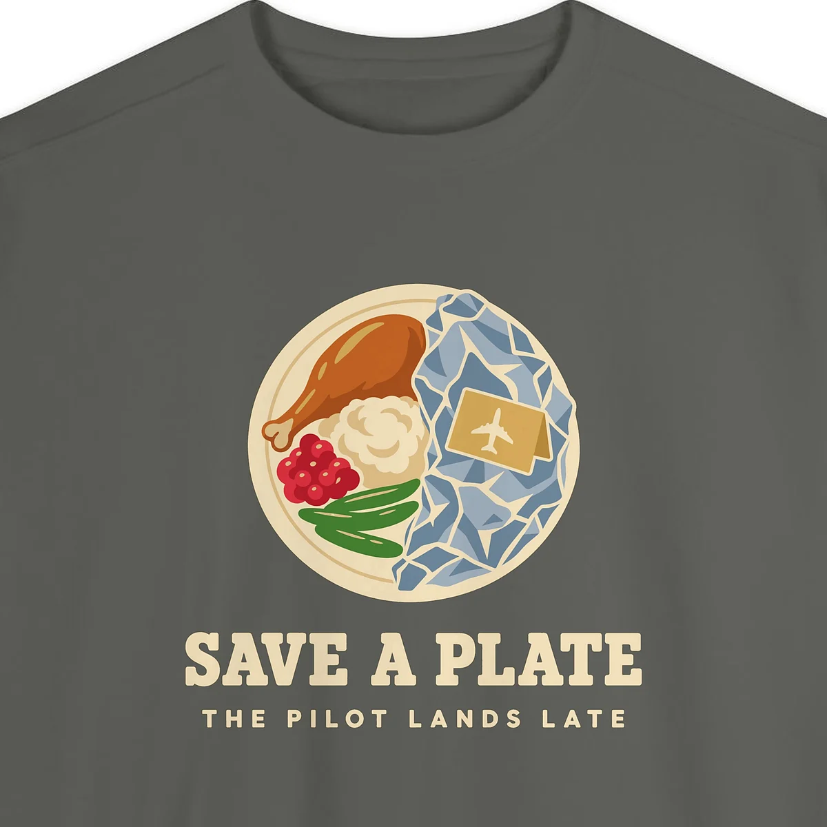Close-up of the Save a Plate design printed on a Pepper Comfort Colors 1566 sweatshirt, with the ribbed collar