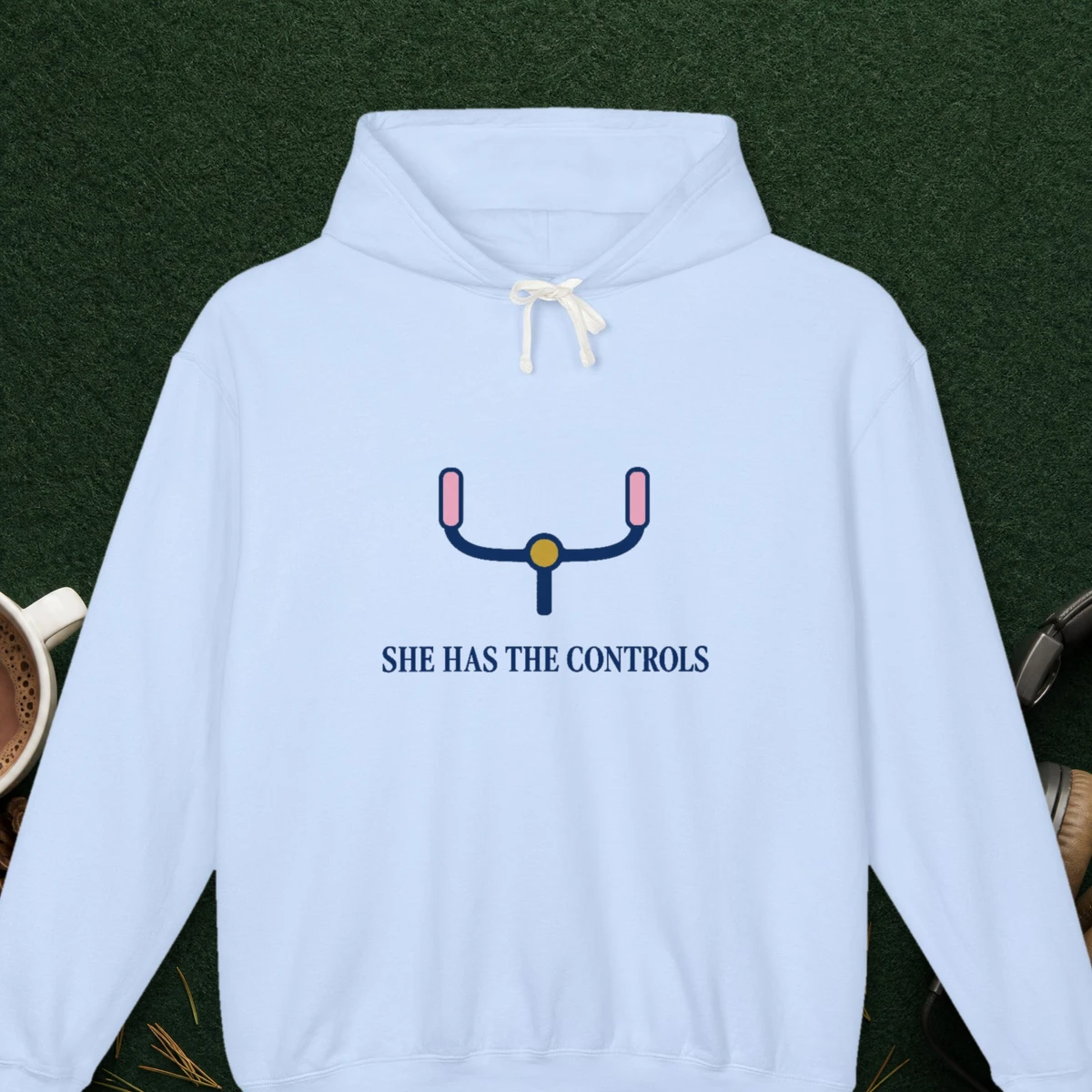 She Has the Controls design on the Comfort Colors 1467 hoodie in Hydrangea, front view