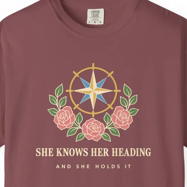 She Knows Her Heading Tee in Brick, close-up