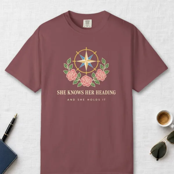 She Knows Her Heading Tee in Brick, front view