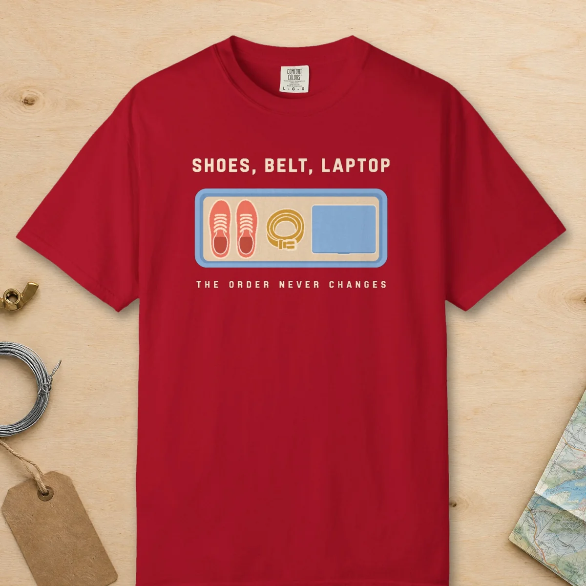 Shoes Belt Laptop Tee in Red, front view