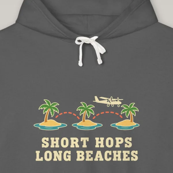 short-hops-long-beaches-hoodie-pepper-chest-v1 Short Hops Long Beaches design on the Comfort Colors 1467 hoodie in Pepper, close-up of the print