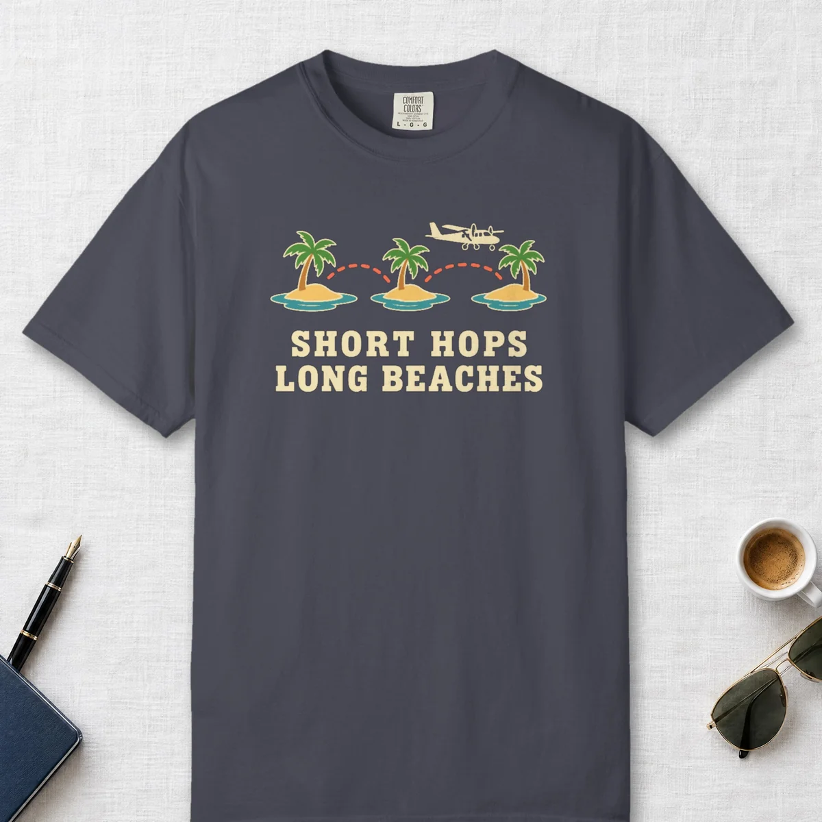 Short Hops Long Beaches Tee in Navy, front view