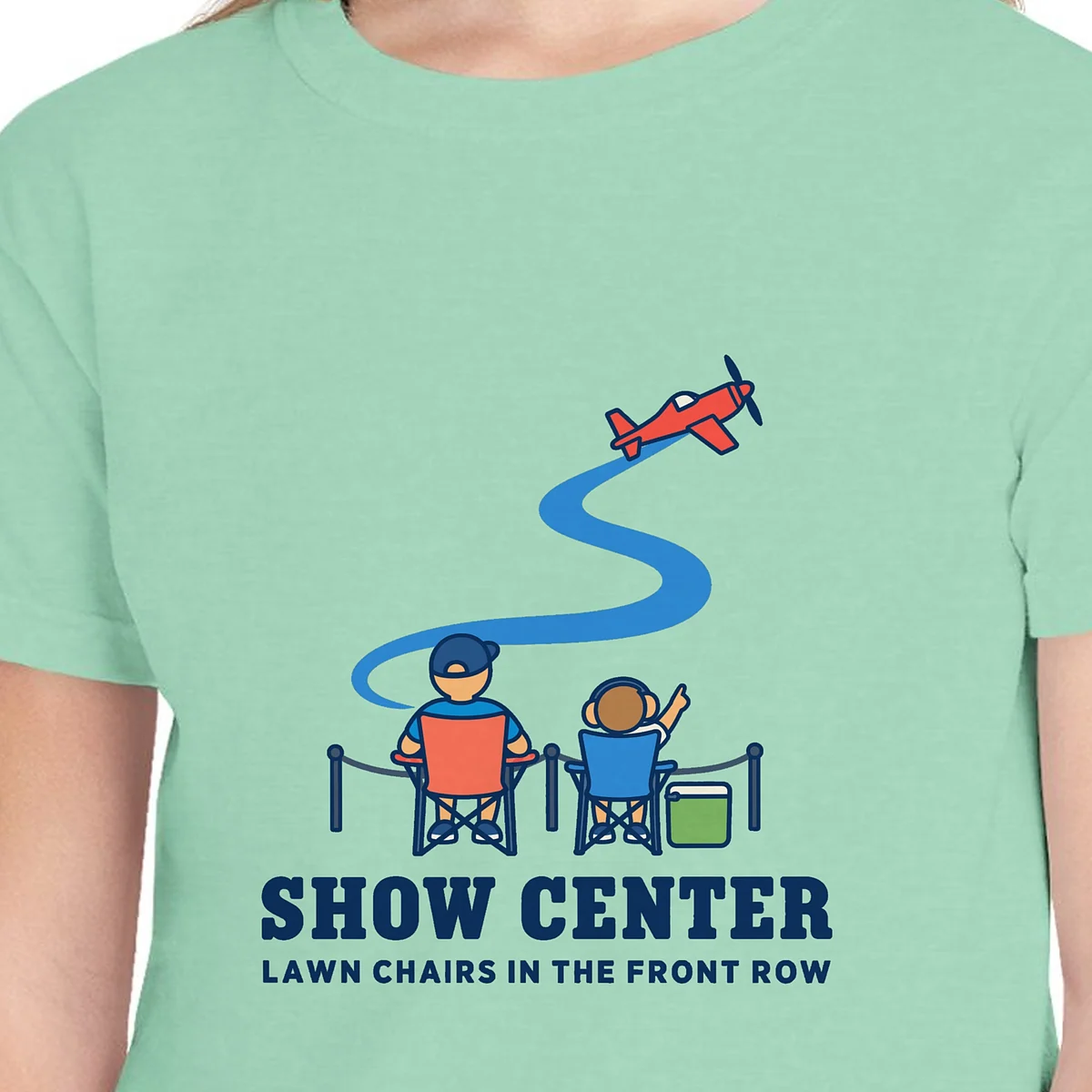Close-up of the Show Center design on the Island Reef kids tee, Comfort Colors 9018 youth tee, with the neckline