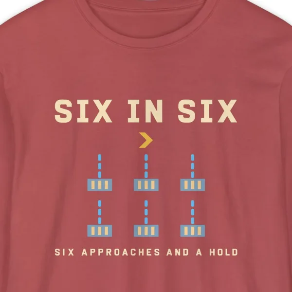 six-in-six-long-sleeve-tee-crimson-chest Six in Six design on a Crimson Comfort Colors 6014 long-sleeve tee, close-up of the print