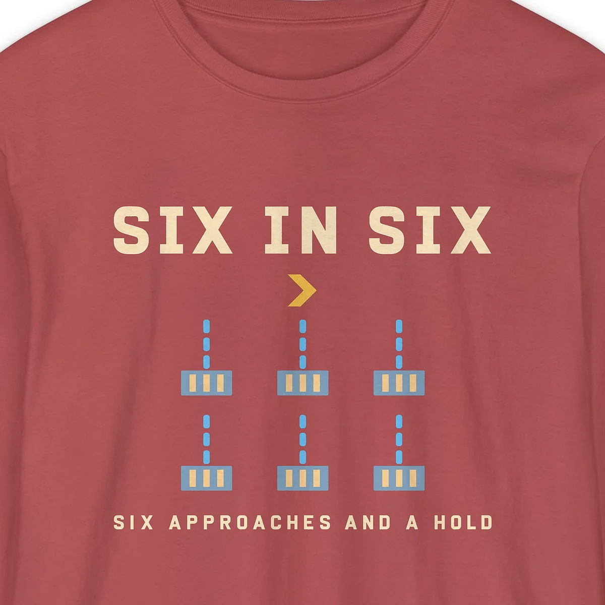 Six in Six design on a Crimson Comfort Colors 6014 long-sleeve tee, close-up of the print