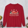 Skis Instead of Wheels design on a Red Comfort Colors 6014 long-sleeve tee, front view