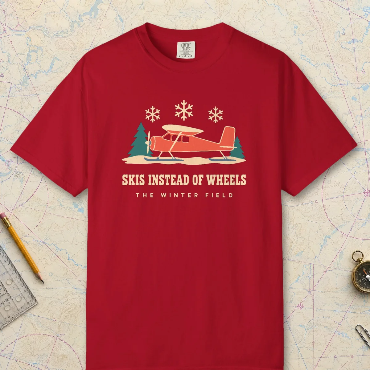Skis Instead of Wheels Tee in Red, front view