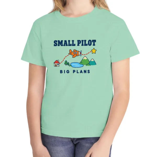 small-pilot-big-plans-kids-tee-island-reef-front Small Pilot Big Plans kids tee in Island Reef, Comfort Colors 9018 youth tee, front view