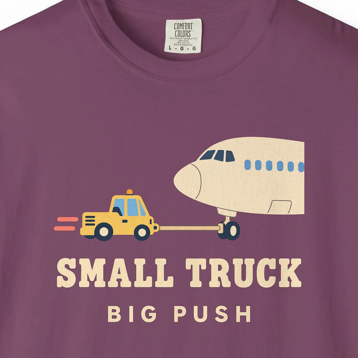 small-truck-big-push-tee-berry-chest Small Truck Big Push Tee in Berry, close-up