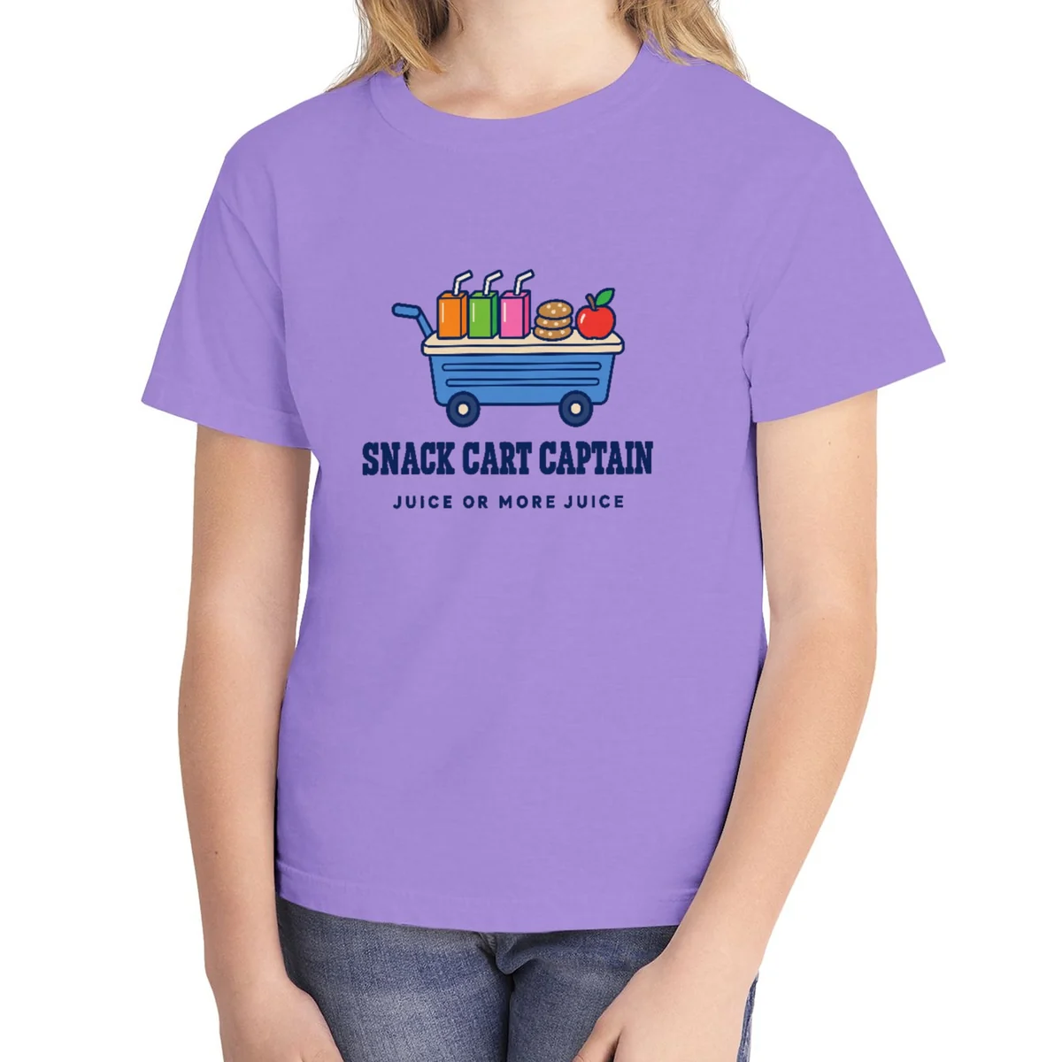 Snack Cart Captain kids tee in Violet, Comfort Colors 9018 youth tee, front view