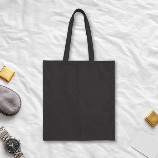 Plain back of the black canvas tote with the Socks Charts Snacks design, printed on the front only