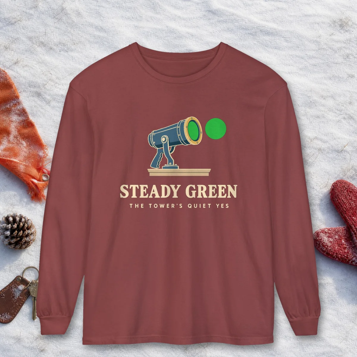 Steady Green design on a Brick Comfort Colors 6014 long-sleeve tee, front view