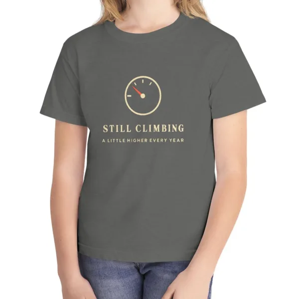 still-climbing-kids-tee-pepper-front Still Climbing kids tee in Pepper, Comfort Colors 9018 youth tee, front view