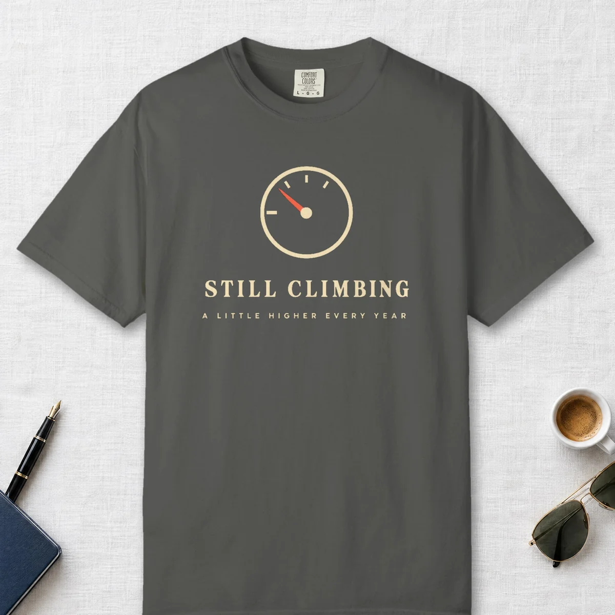 Still Climbing Tee in Pepper, front view