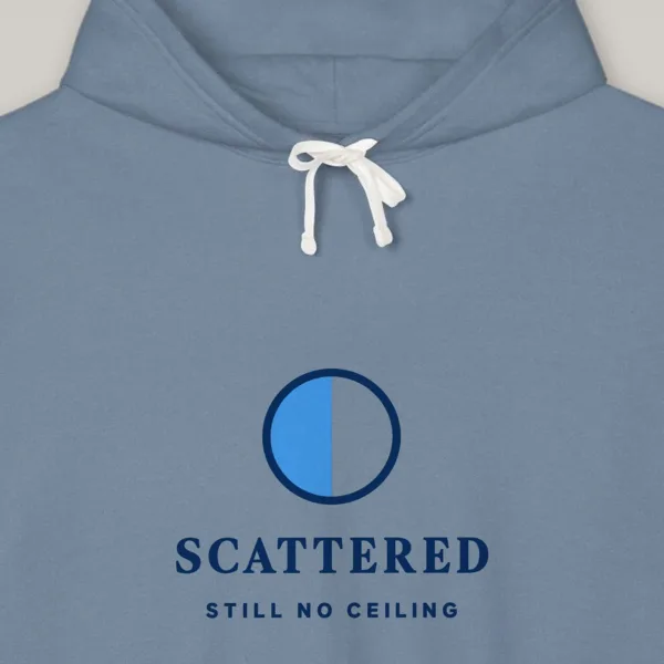 Still No Ceiling design on the Comfort Colors 1467 hoodie in Blue Jean, close-up of the print