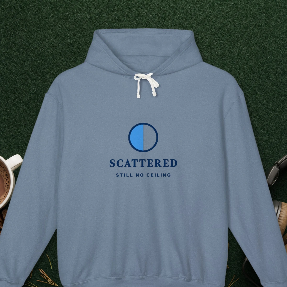 Still No Ceiling design on the Comfort Colors 1467 hoodie in Blue Jean, front view
