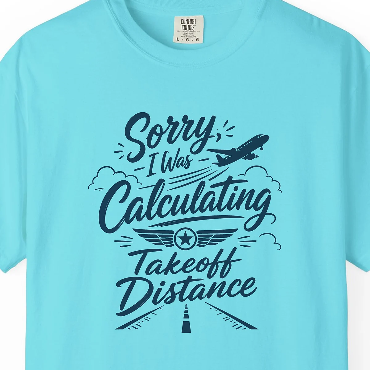 Takeoff Distance Airliner Tee in Lagoon Blue, close-up