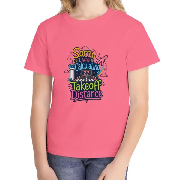 Takeoff Distance Runway 27 kids tee in Crunchberry, Comfort Colors 9018 youth tee, front view