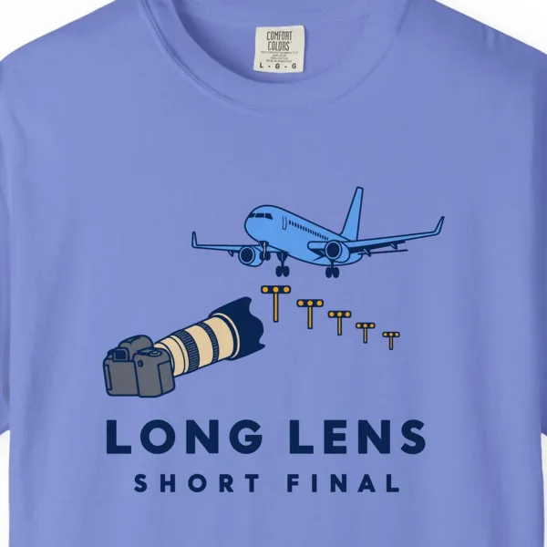 telephoto-on-short-final-tee-flo-blue-chest Telephoto on Short Final Tee in Flo Blue, close-up