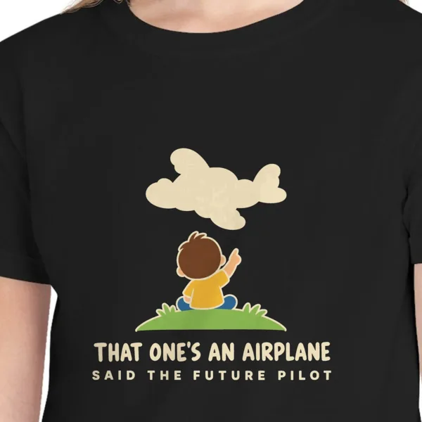 Close-up of the That One's an Airplane design on the Black kids tee, Comfort Colors 9018 youth tee, with the neckline