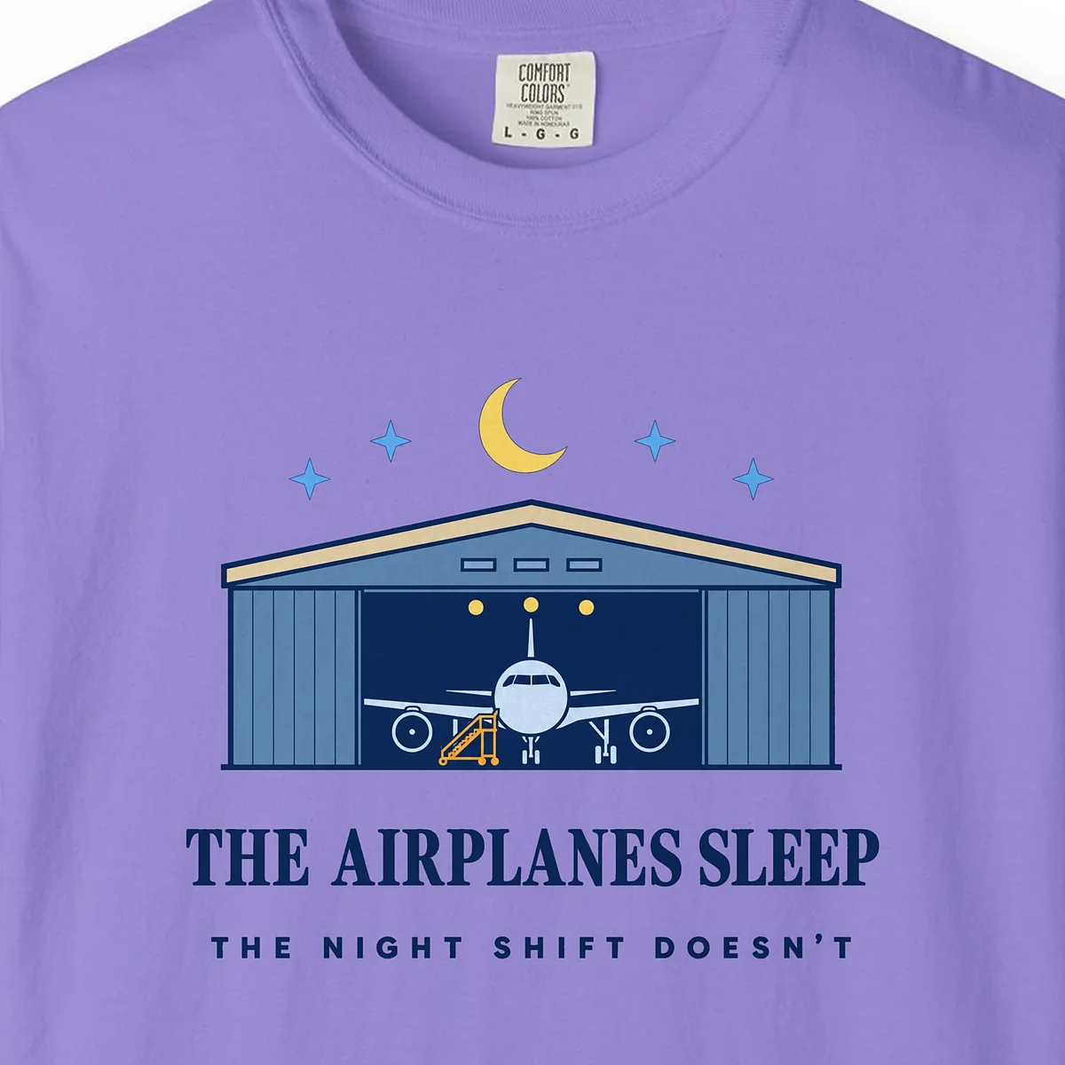 The Airplanes Sleep Tee in Violet, close-up