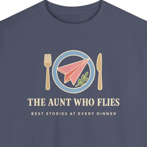 Close-up of the The Aunt Who Flies design printed on a Denim Comfort Colors 1566 sweatshirt, with the ribbed collar