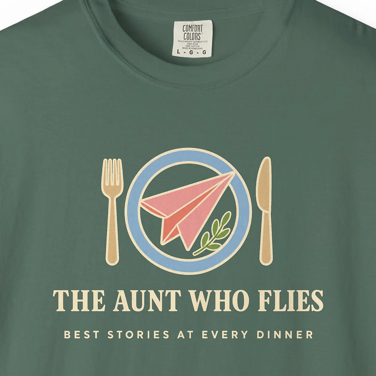 the-aunt-who-flies-tee-blue-spruce-chest The Aunt Who Flies Tee in Blue Spruce, close-up