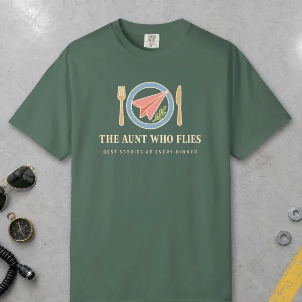 The Aunt Who Flies Tee in Blue Spruce, front view