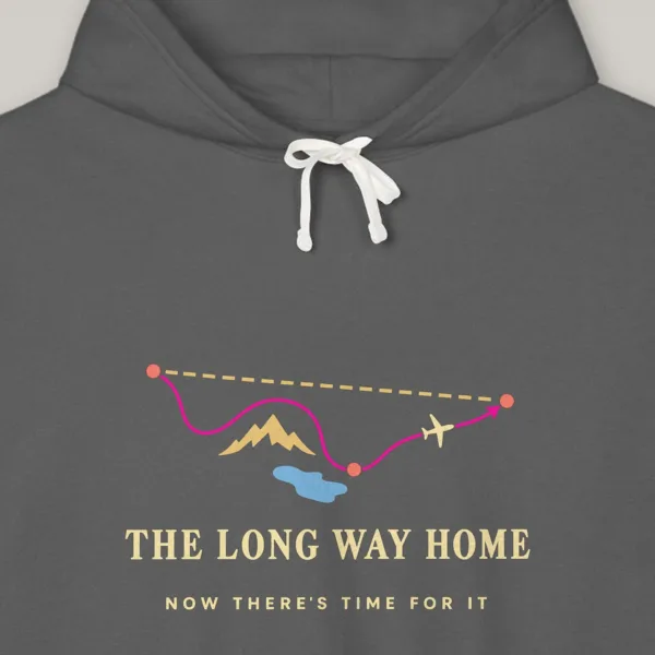 The Long Way Home design on the Comfort Colors 1467 hoodie in Pepper, close-up of the print