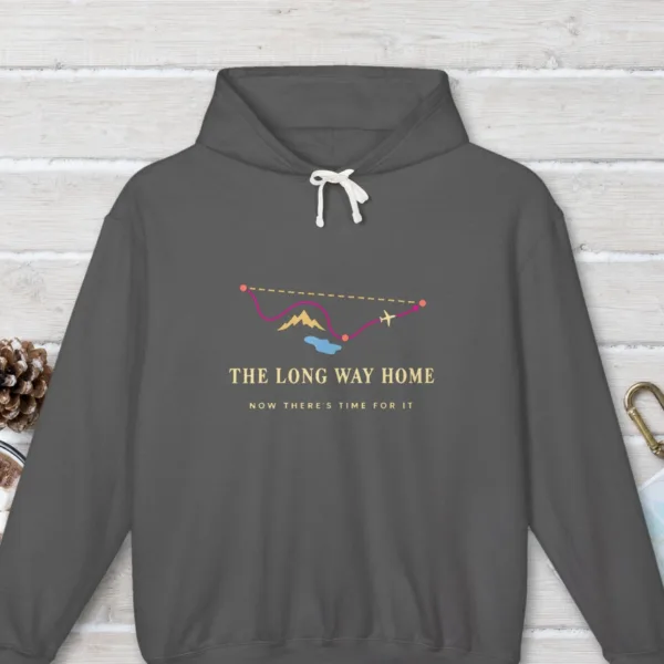 The Long Way Home design on the Comfort Colors 1467 hoodie in Pepper, front view