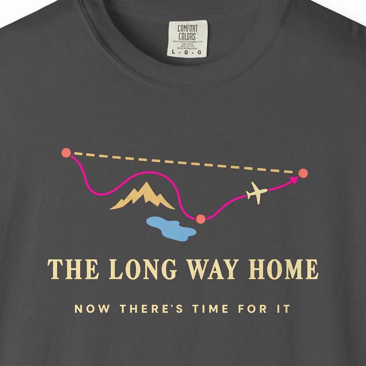 The Long Way Home Tee in Graphite, close-up