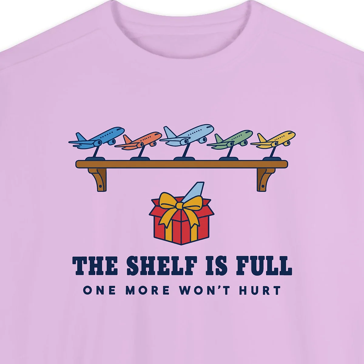 Close-up of the The Shelf Is Full design printed on a Orchid Comfort Colors 1566 sweatshirt, with the ribbed collar