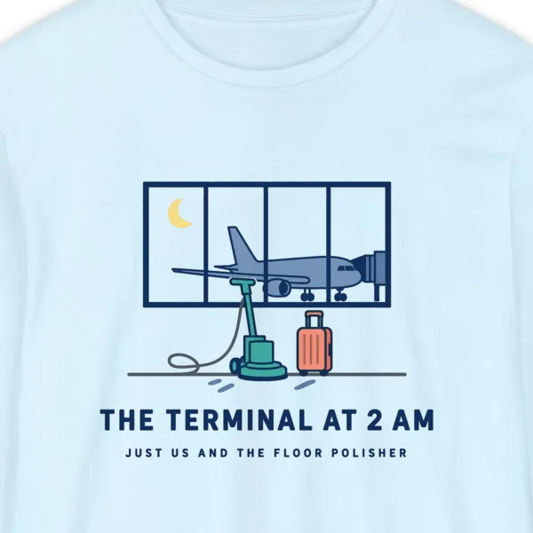 The Terminal at 2 AM design on a Chambray Comfort Colors 6014 long-sleeve tee, close-up of the print