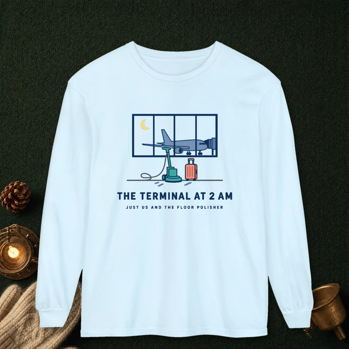 The Terminal at 2 AM design on a Chambray Comfort Colors 6014 long-sleeve tee, front view