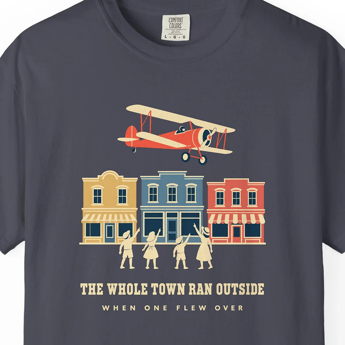 the-whole-town-ran-outside-tee-navy-chest The Whole Town Ran Outside Tee in Navy, close-up