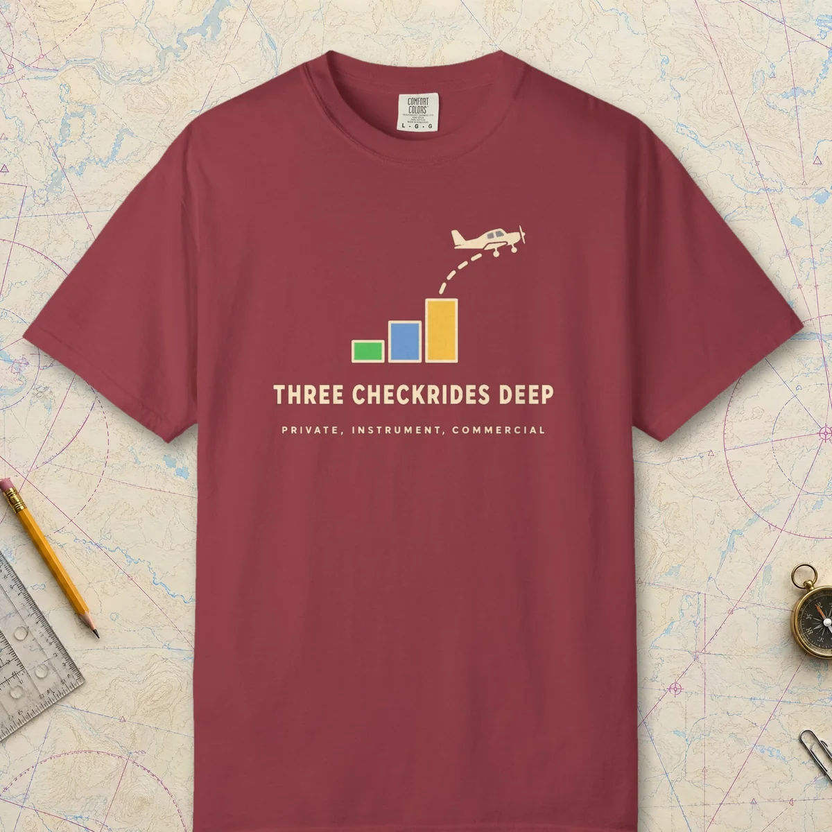 Three Checkrides Deep Tee in Chili, front view