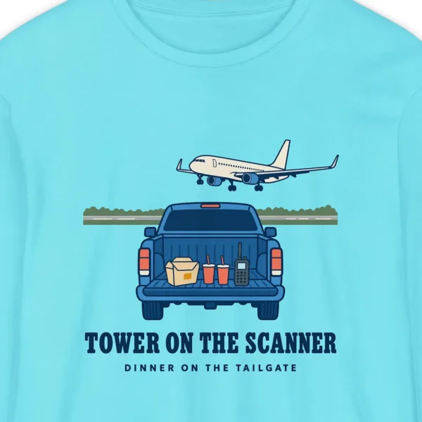 tower-on-the-scanner-long-sleeve-tee-lagoon-blue-chest Tower on the Scanner design on a Lagoon Blue Comfort Colors 6014 long-sleeve tee, close-up of the print