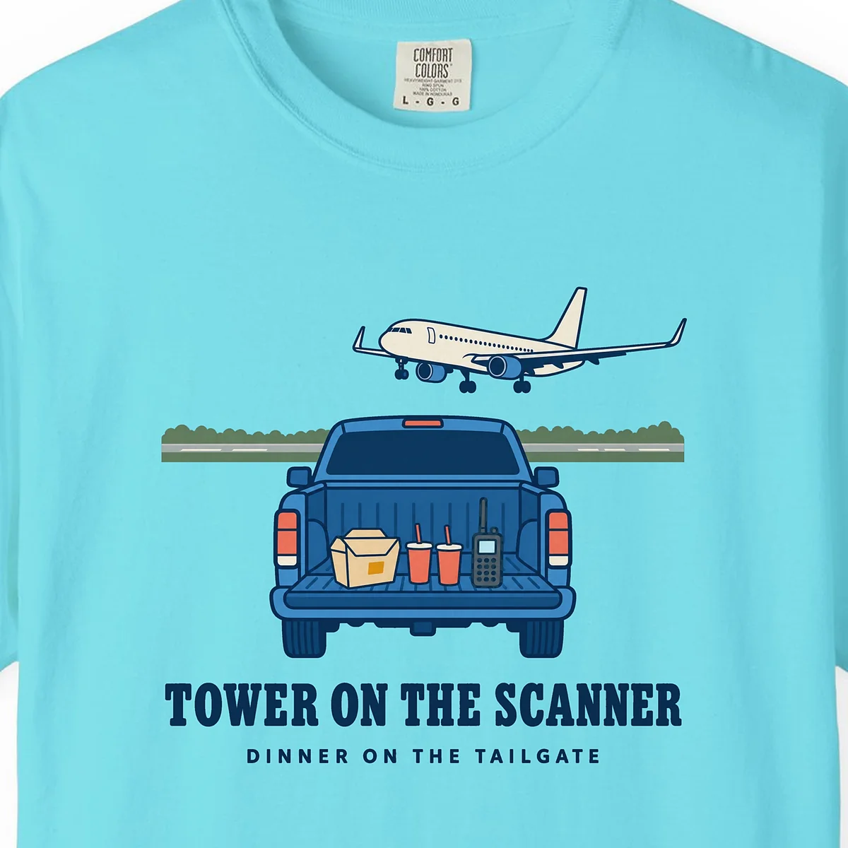 Tower on the Scanner Tee in Lagoon Blue, close-up