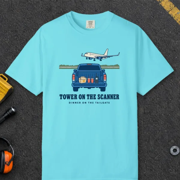 tower-on-the-scanner-tee-lagoon-blue-front Tower on the Scanner Tee in Lagoon Blue, front view