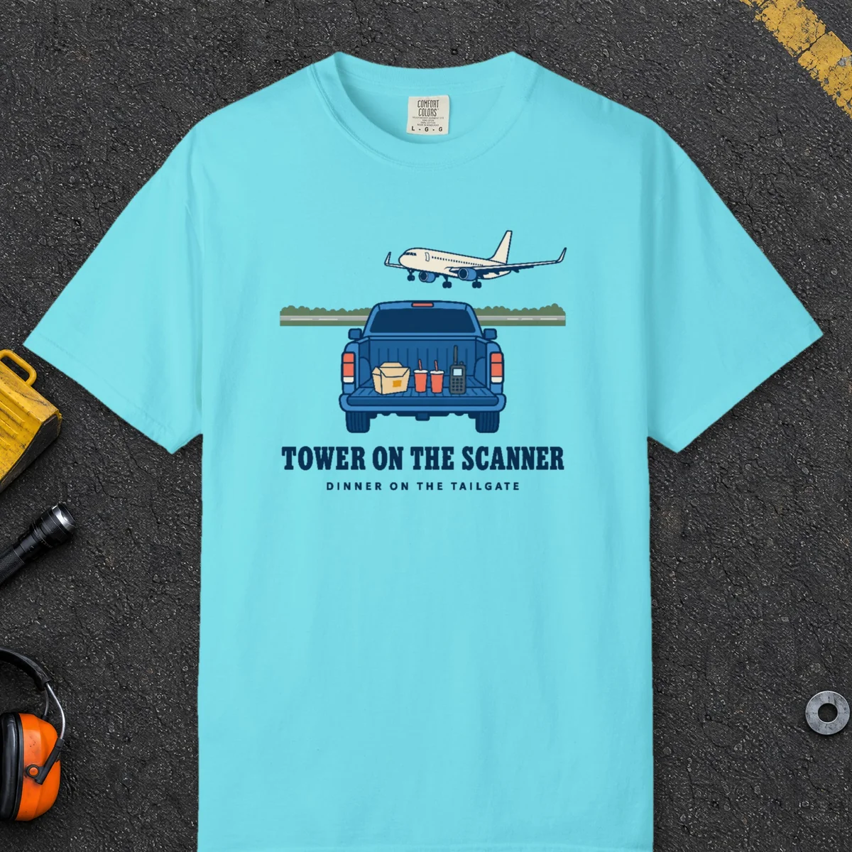 Tower on the Scanner Tee in Lagoon Blue, front view