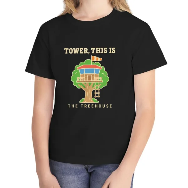 treehouse-tower-kids-tee-black-front Treehouse Tower kids tee in Black, Comfort Colors 9018 youth tee, front view