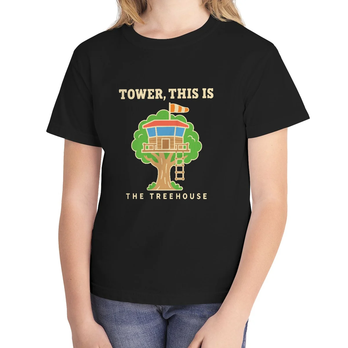 Treehouse Tower kids tee in Black, Comfort Colors 9018 youth tee, front view