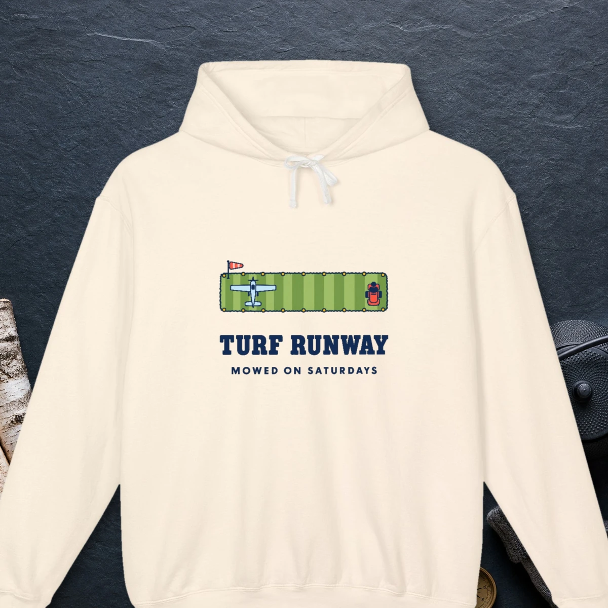 Turf Runway design on the Comfort Colors 1467 hoodie in Ivory, front view