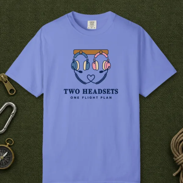 Two Headsets Tee in Flo Blue, front view