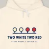 Two White Two Red design on the Comfort Colors 1467 hoodie in Ivory, close-up of the print
