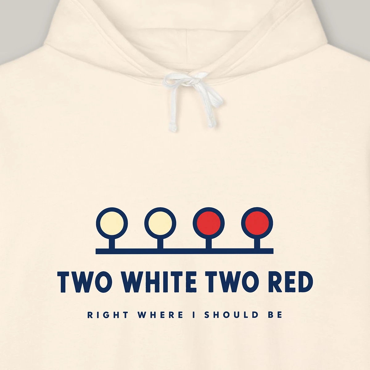 Two White Two Red design on the Comfort Colors 1467 hoodie in Ivory, close-up of the print