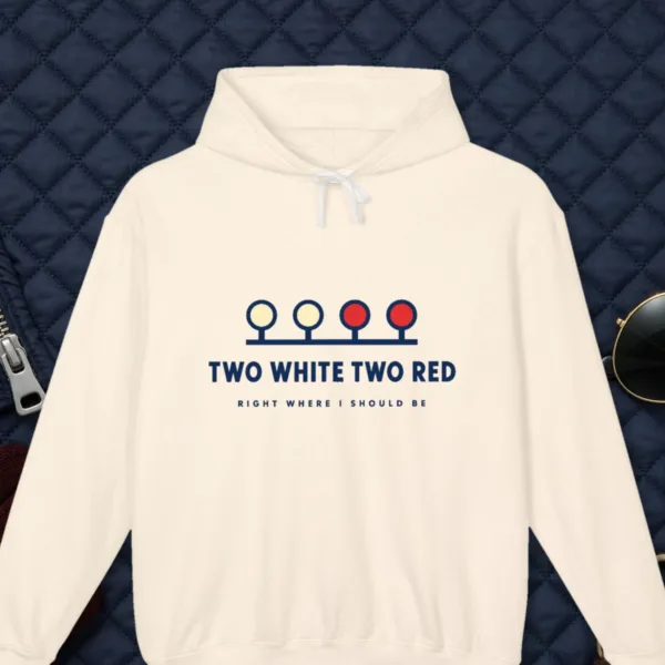 Two White Two Red design on the Comfort Colors 1467 hoodie in Ivory, front view